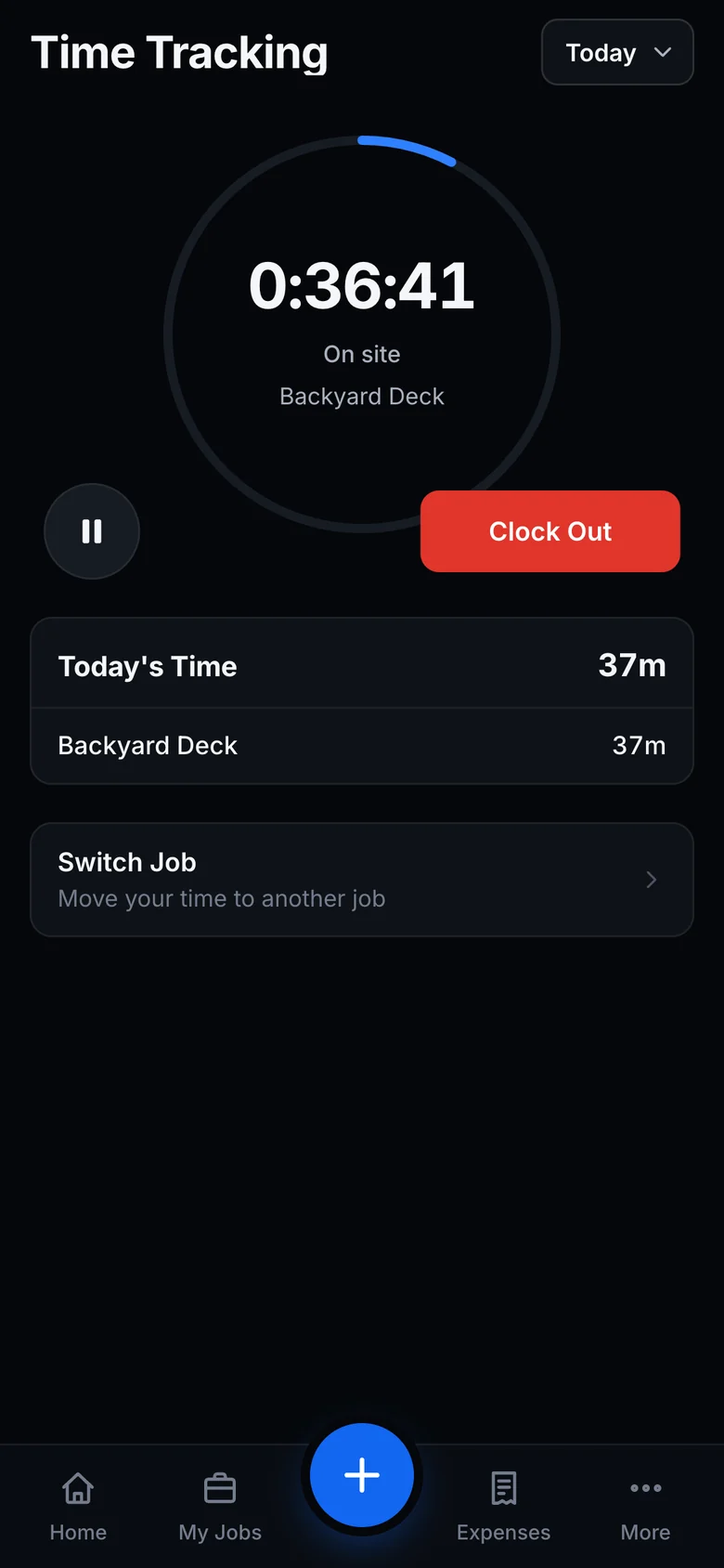 The Crew Portal time tracker, clocked in on Backyard Deck.