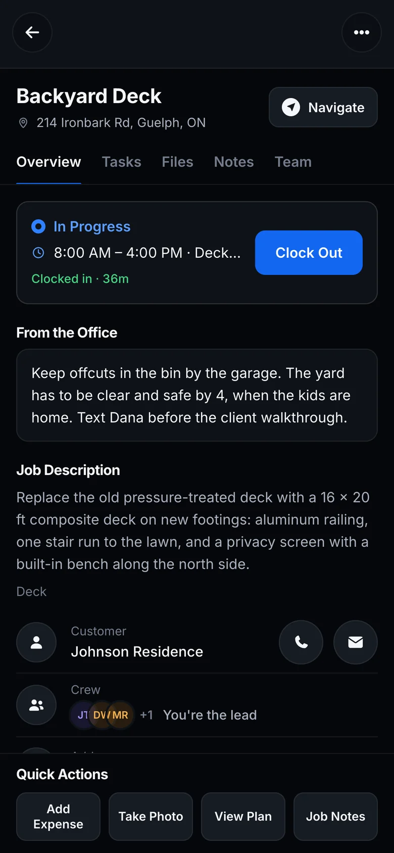 The Backyard Deck job in the Crew Portal on a phone: clocked in, a note from the office, and the job description.