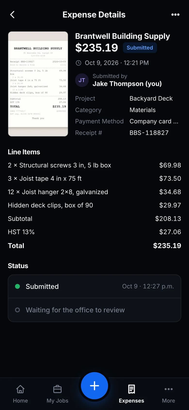 A receipt in the Crew Portal: the photo, the line items read from it, and its status with the office.