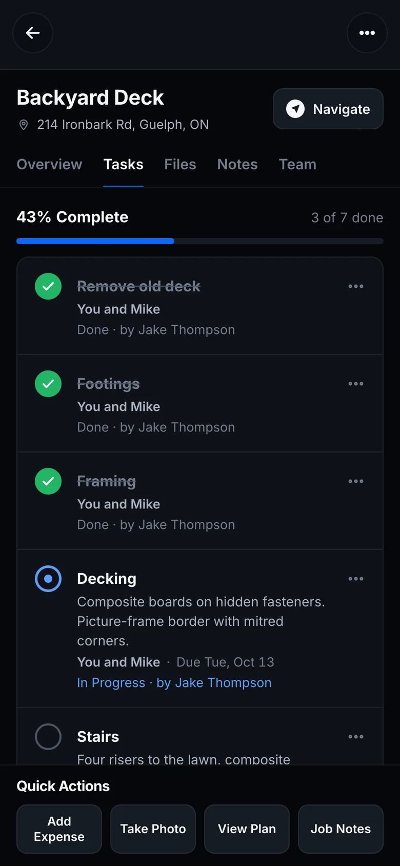 The task list for Backyard Deck in the Crew Portal: three of seven tasks done.
